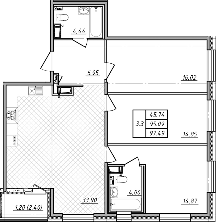 3-комнатная квартира 95.09 м², 2/13 эт., ЖК «Чёрная речка»